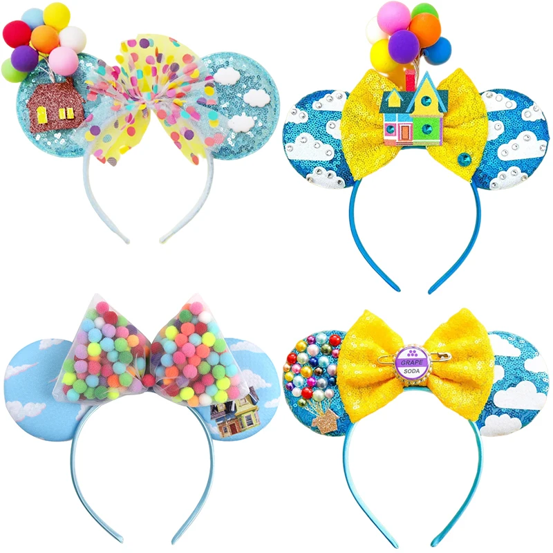 Up Disney Pixar Mickey Mouse Ears Headbands for Girls Kids Women Sequins Bow 3D Hot Air Balloon House Headwear Hair Accessories