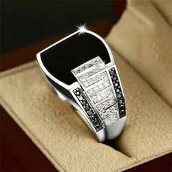Gold - Tone Men's Ring with Black Stone Zircon - Elegant Punk Style Jewelry - 10 (Silver)
