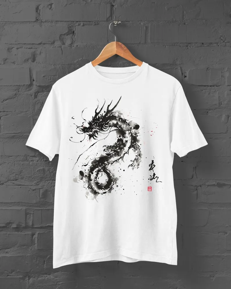 

nk Art Dragon T-Shirt Kanji Print Shirt Japanese Streetwear Anime Shirt Japanese Dragon Tshirt Y2K Clothing