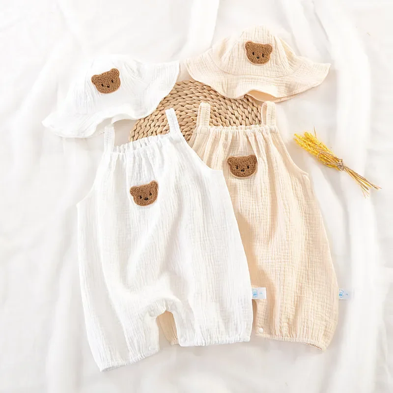 Neonato estate sottile tuta ragazze senza maniche bretelle pagliaccetto vestito ragazzi carino ricamo cartone animato pigiama + cappello 2 pezzi Set - immagine 3