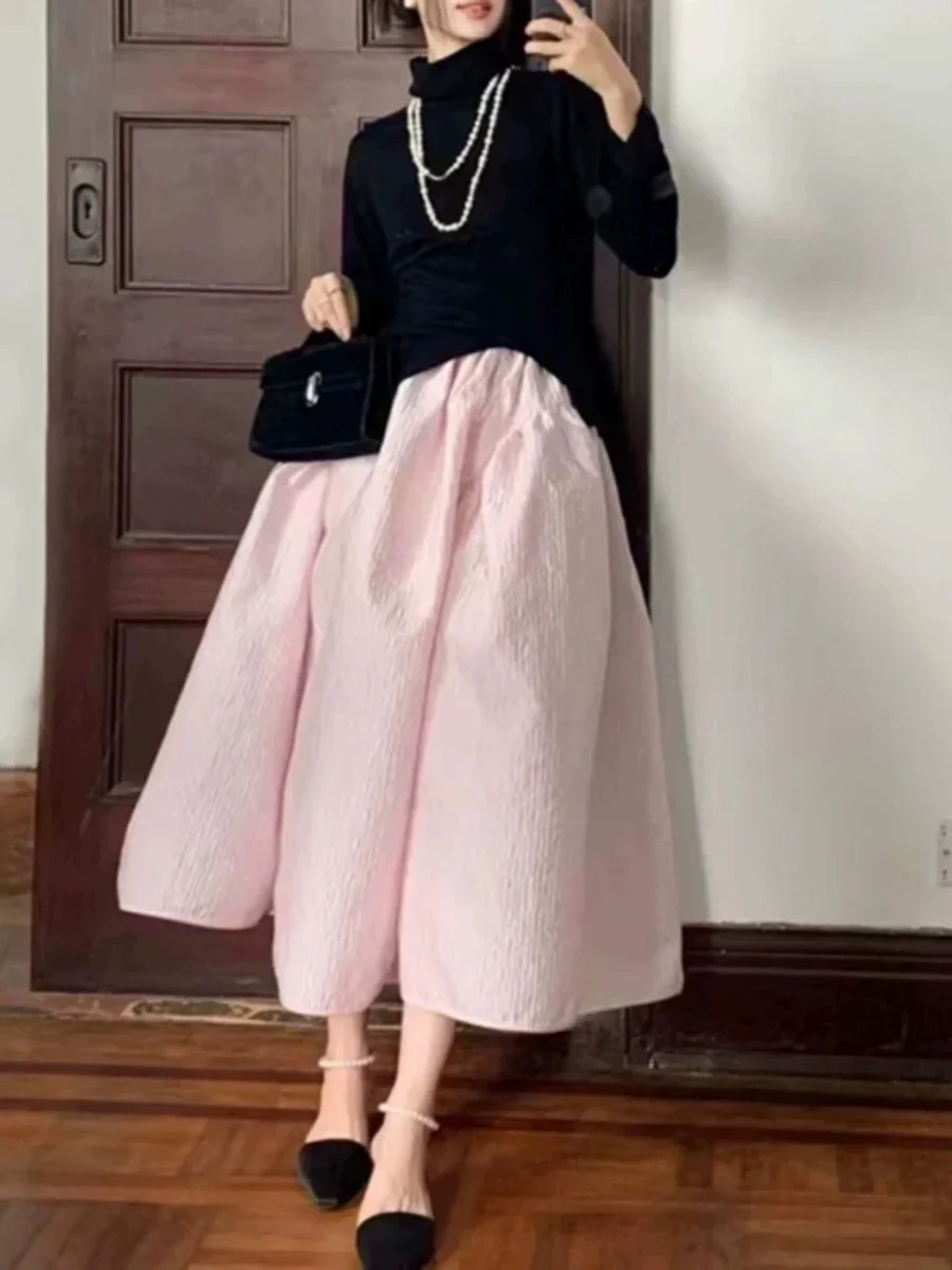 

Women Pink or Black A-Line Midi Skirt Zipper Casual Pleated Long Jupe for Ladies Summer New 2024