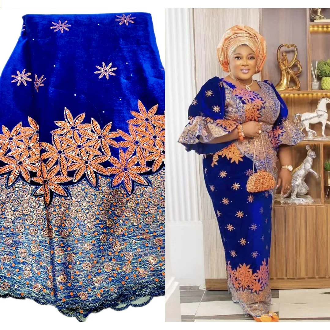 

2023 New Arrival Beautiful Velvet Lace Fabrics With Sequins Embroidery Tulle Nigerian Lace Fabric 5 Yards Royal Blue Orange