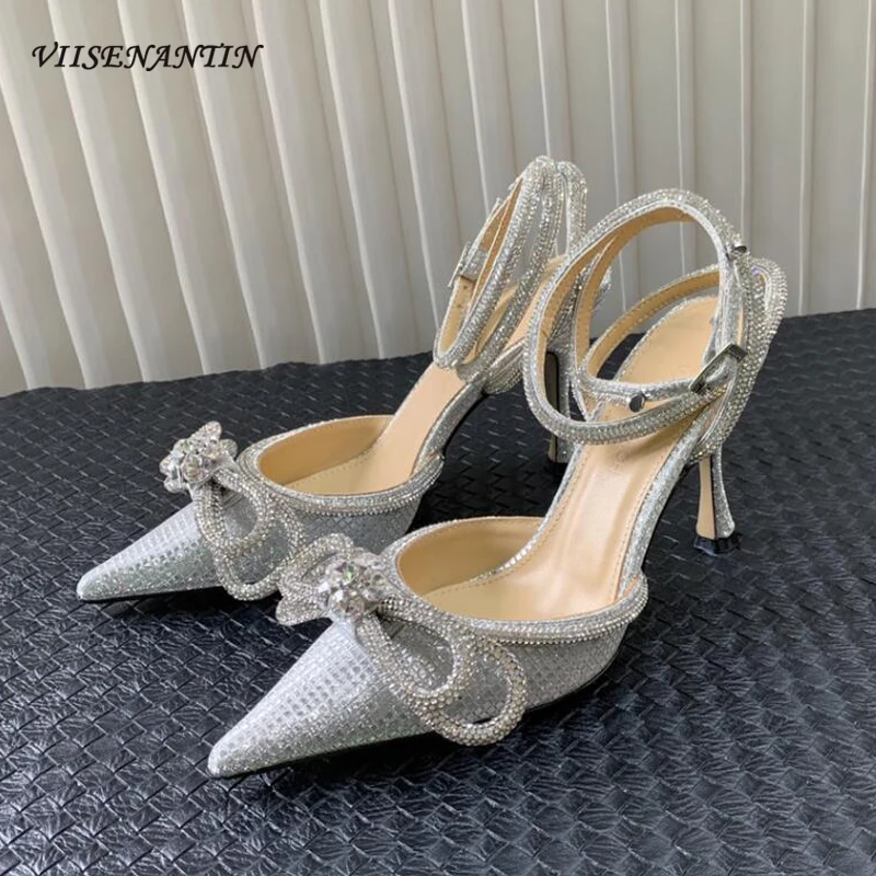 

2023 Summer New Arrival Shiny Ladies Pointed Toe Sandal Shoes Amazing Runway Sapatos Thin Heel Crystal Bowknot Ankle Strap Slide