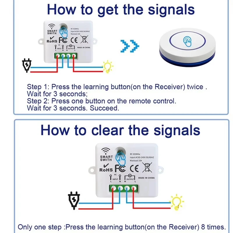 Light Switch Relay Receiver Mini Round Button Wall Panel 220V 110V 10A RF 433MHz Wireless Remote Control for LED Lamp
