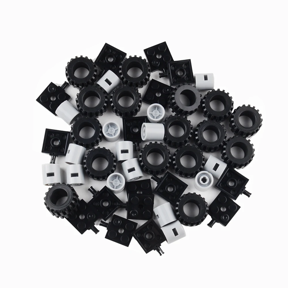 16PCS Wheel + Axle Set Small Particles Building Blocks Bulk Parts DIY Assembly Model Cars Truck Toys Bricks Wheels Accessories
