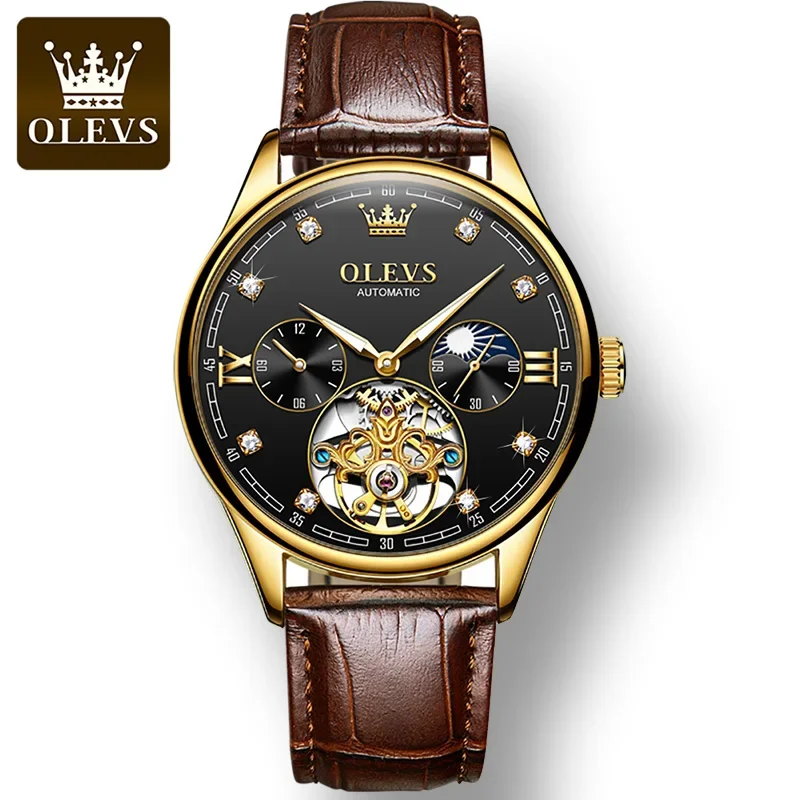 

OLEVS 3601 Genuine Leather Strap Fashion Men Wristwatches, Automatic Mechanical Waterproof Tourbillon Watches For Men Luminous
