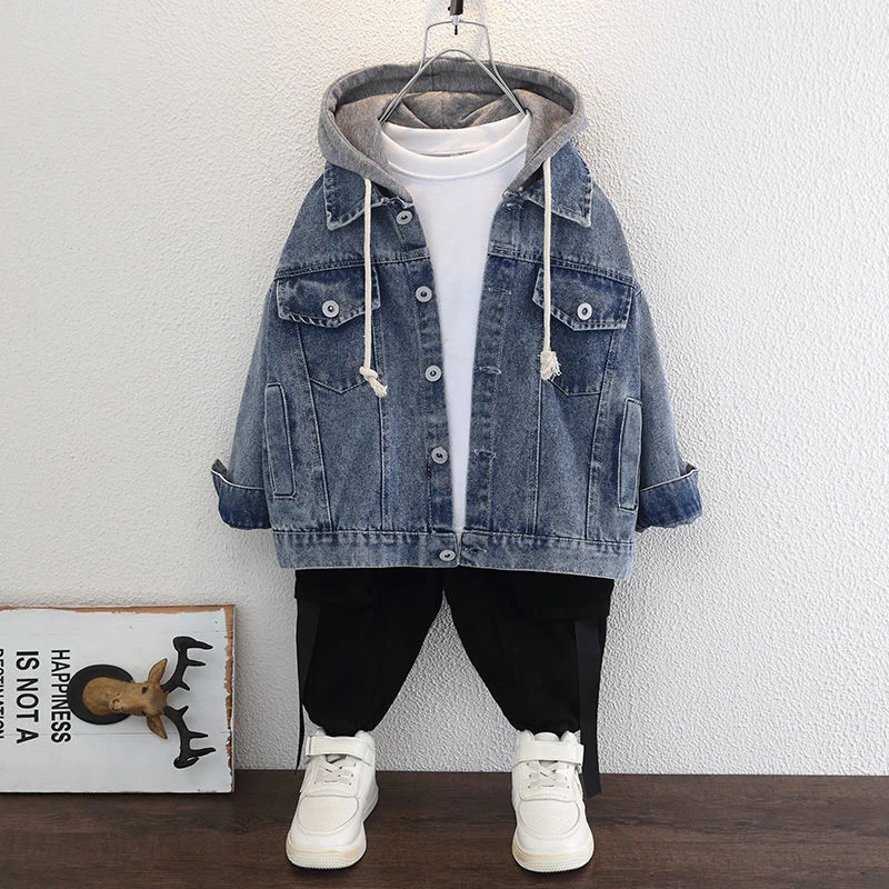 Boys Denim Jacket Spring And Autumn New Children's Jacket New Fashion Casual Boy Loose Hooded Wear-resistant Denim Top black mink coat Outerwear & Coats