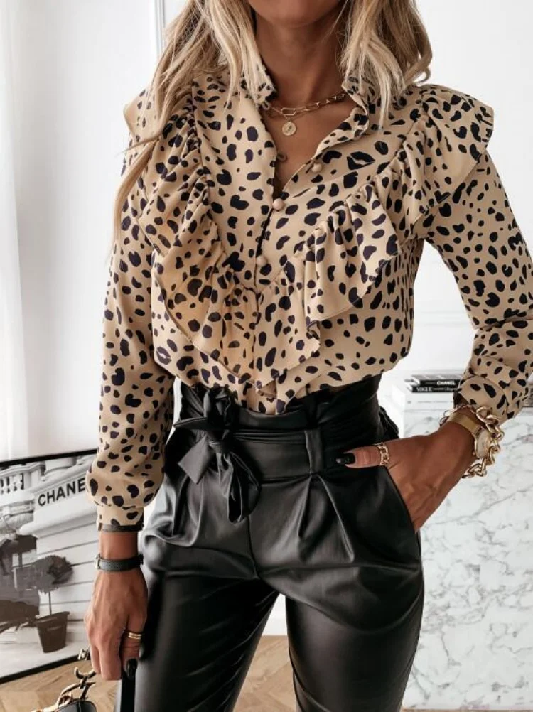 Women Elegant Ruffles Polka Dot Chiffon Blouse