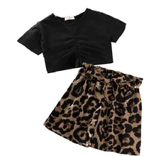 Vêtements d'été pour enfants filles, 2 pièces, T shirt noir + short imprimé léopard, ensemble en coton pour adolescents de 6 à 12 ans