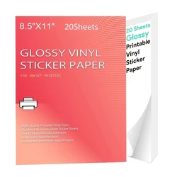 Glossy White Waterproof Printable Vinyl Sticker Paper - 20 Self-Adhesive Sheets, 8.5x11, for Inkjet & Laser Printers (High Gloss)