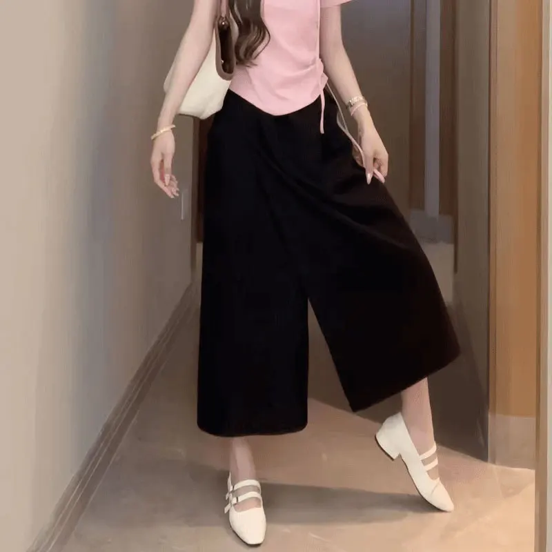 Split Culottes A-Line Cropped Pants Summer Commute Wide Leg Female Clothing Basic High Waist Elastic Solid Color Casual Pants