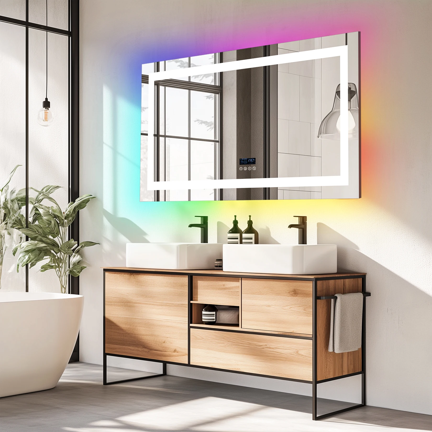 120/140cm Rectangular LED Bathroom Mirror Front-lit and RGB Backlight Antifog Vanity Mirror with Date & Time Bluetooth Speaker