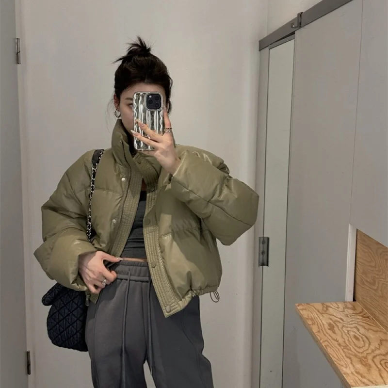 

Short White Duck down Stand-up Collar down Jacket Female 2023 Loose Thick PU Leather Bread Coat Small Coat Tide