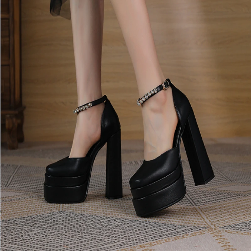 

2022New Brand Women Shoes Sexy Thick Heel High Heels Platform Solid Color Party Shoe Rhinestone Buckle Wedding Shoes Woman Pumps