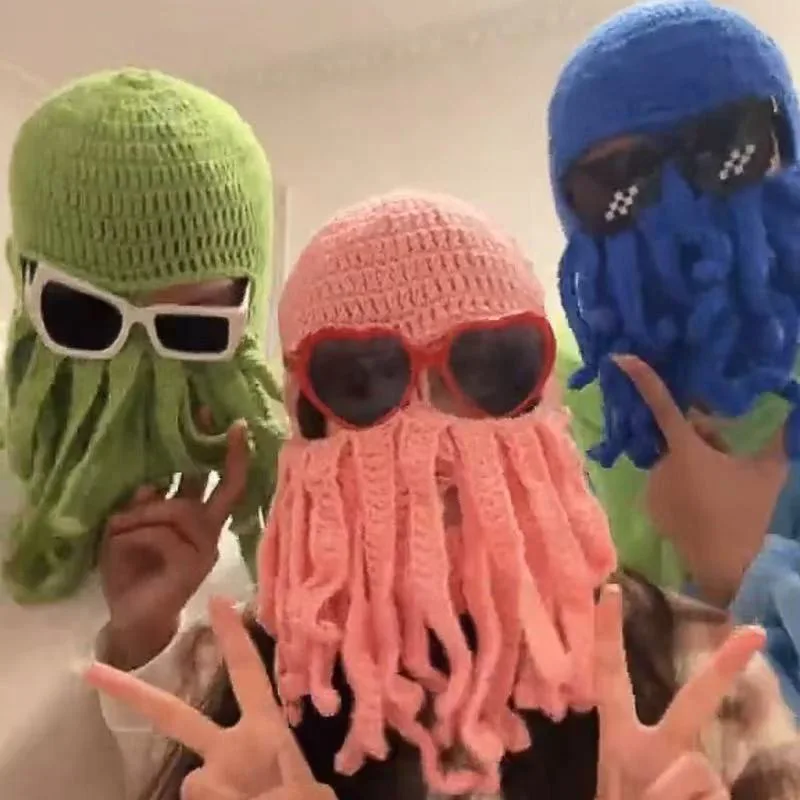 Lustige Strickmütze aus Oktopus-Garn, einzigartige Oktopus-Maskenmütze, vollflächige Mütze, Kostüm-Requisite, vollständig geschlossene Mütze, Neujahrsgeschenk, Wintermütze – Detail 2