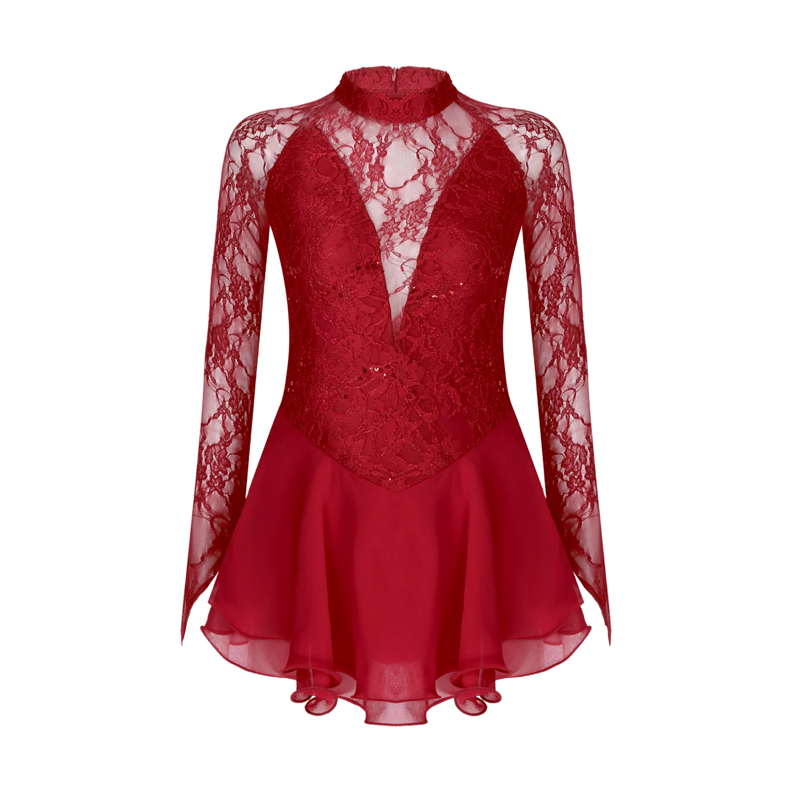 Womens Shiny Sequins Ballet Tutu Dress Lace Long Sleeve Dance Dress