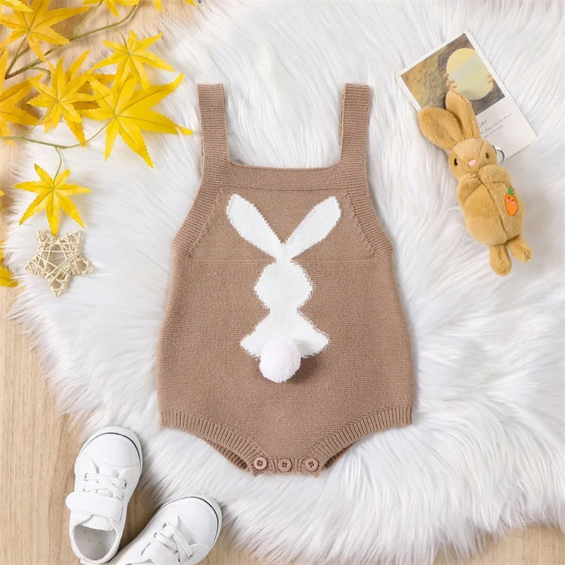 

Cute Baby Boys Girls Easter Overalls Sleeveless Bunny Print Knit Rompers Newborn Spring Infants Sweater Bodysuits Outfit