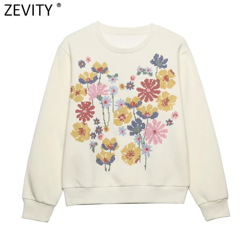 Zevity 2022 Women Fashion Floral Embroidered Casual Fleece Sweatshirts Female Basic Long Sleeve Hoodies Chic Pullovers Tops H602