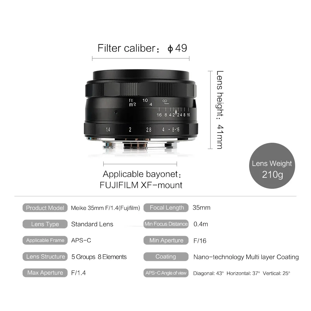 MEKE 35mm F1.4 APS-C 광각 대구경 프라임 렌즈 ( E, 후지 FX, 캐논 EF-M 호환)