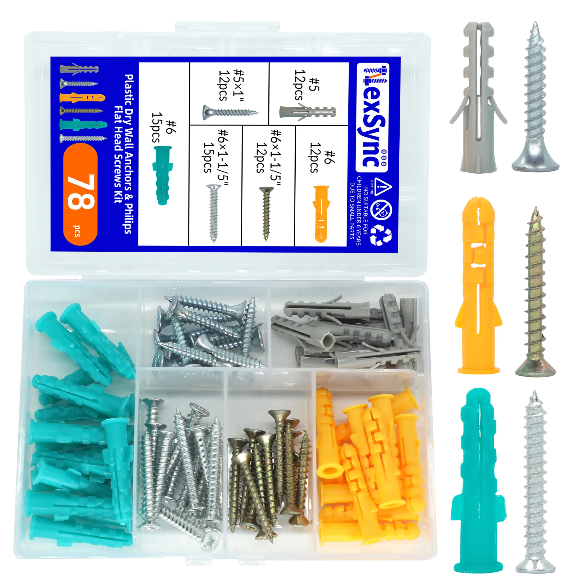78PCS Drywall Anchors and Screws Kit, 39 Plastic Dry Wall Anchors & 39 Philips Flat Head Screws, 4 Sizes Screws and Anchor