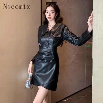 Nicemix Primavera e Autunno New Fashion Polo Colletto Abito in pelle PU Vita stretta Dimagrante A-line Mini abito nero per le donne