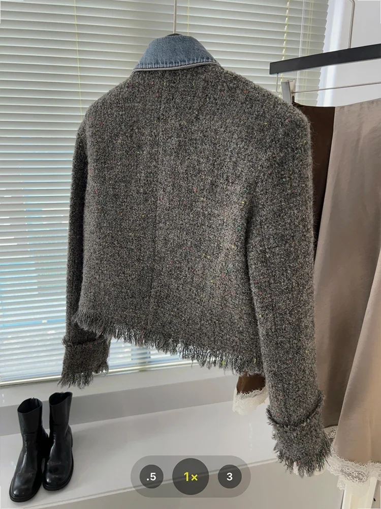 Chic Denim Patchwork Jacket Women's 2024 Autumn New Tassel Turn Down Collar Pocket Short Coat Commute Korean Fashion Retro