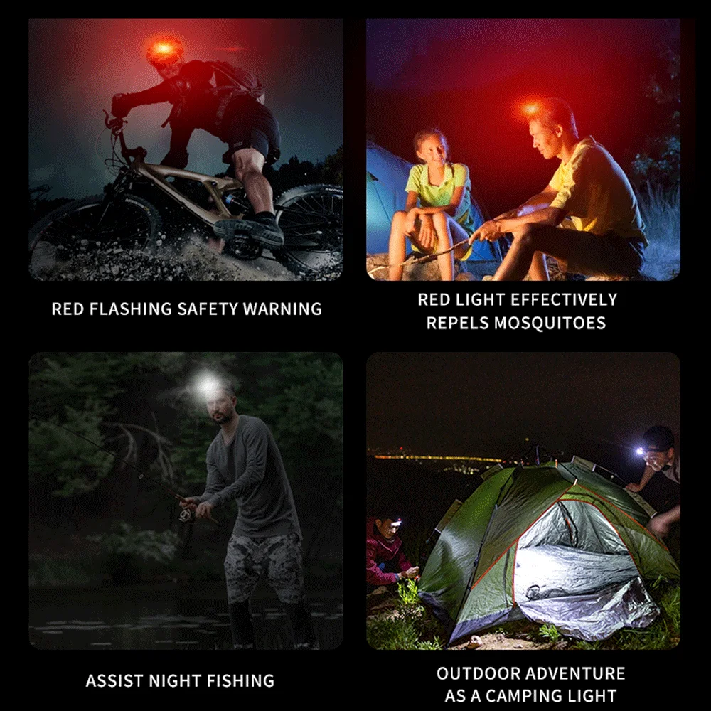 Portable Powerful Red LED Headlamp COB USB Rechargeable Headlight Built-in Battery Waterproof White Head Torch Flash Head Lamp