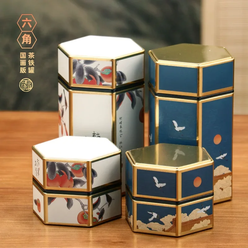 Creative Hexagonal Tea Pot Tin Can Chinese Tinplate Storage Tank Small Sealed Portable Box Empty Set Accessories