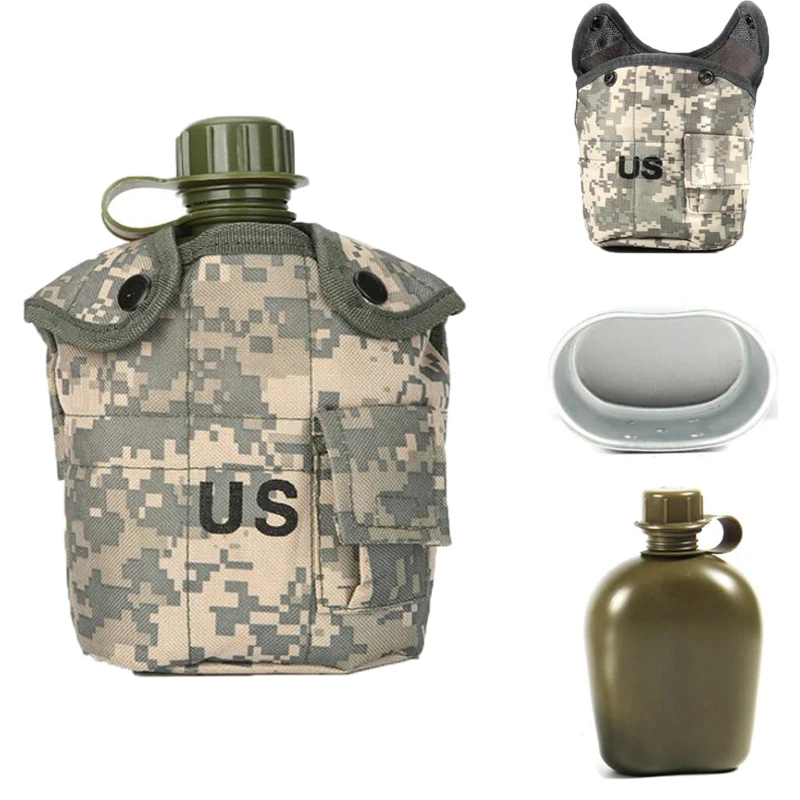 1L Outdoor Miltary Cup Water Bottle Aluminum Canteen Water Bottle Tactical Kettle Pouch Pocket Bag Cover Hiking Camping Kettle