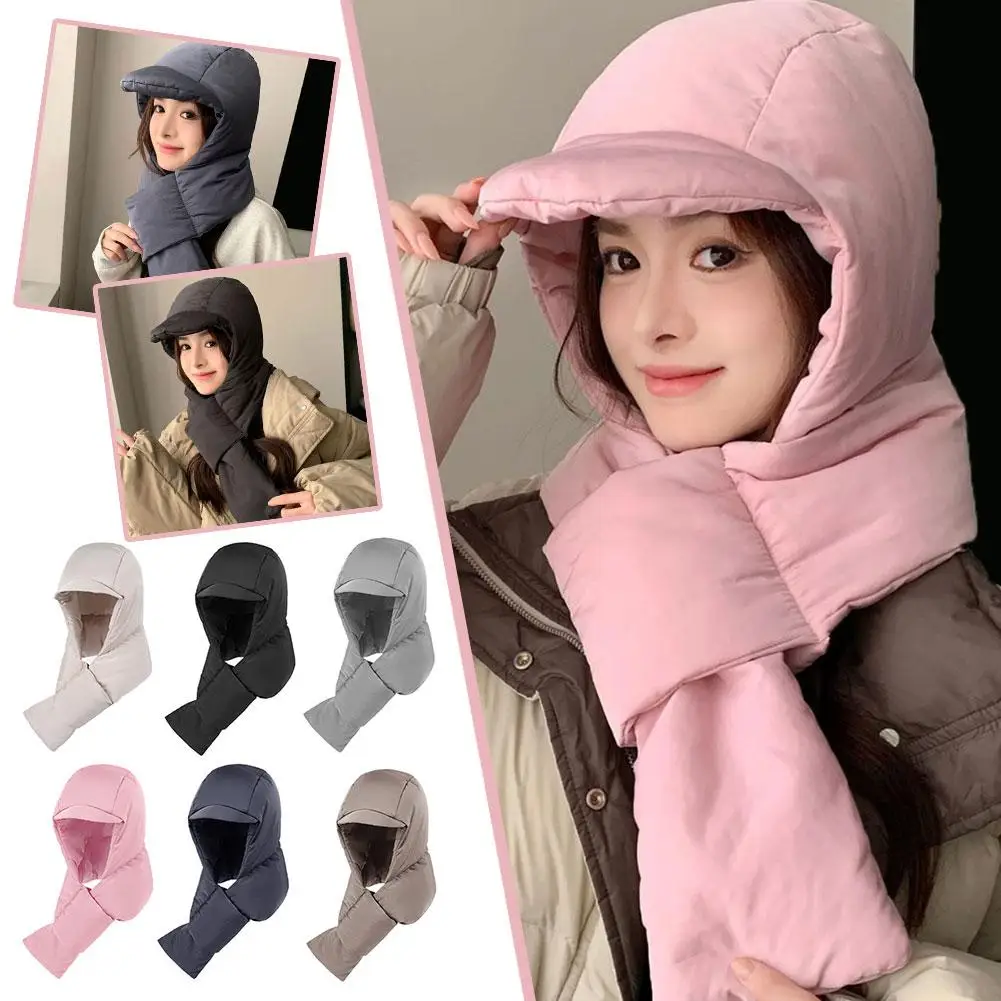 New Design Hat Scarf One Woman Winter All Cute Fluffy Warm Hooded Thickened Winter Hat Windproof Bib Anti-freeze C0f8