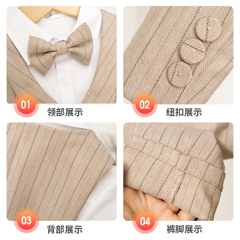 Boys Suit Set Spring Summer Khaki Striped Baby Child Birthday Party Wedding Photography Costume Kids Blazer Vest Pants Clothes