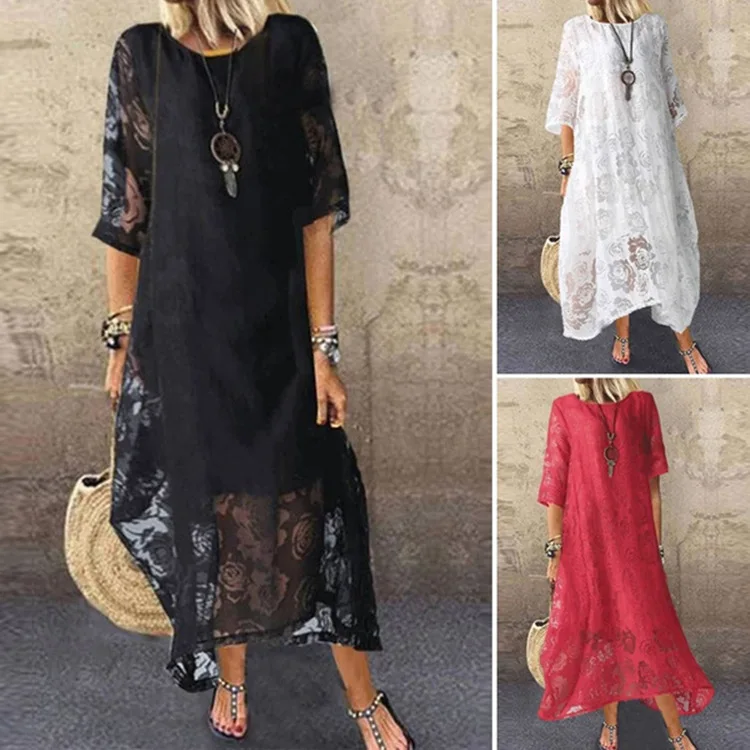 

Women's Sleeveless Dress Hanging Neck Casual Ladies lace Solid color Beach Spring Summer