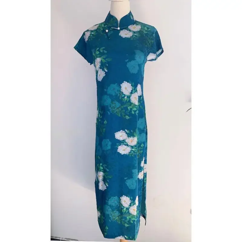

Summer New Elegant Blue Floral Print Cheongsam Dress Women Sweet Party Dress Vintage Plus Size Slim Dresses Qipao S To 4XL