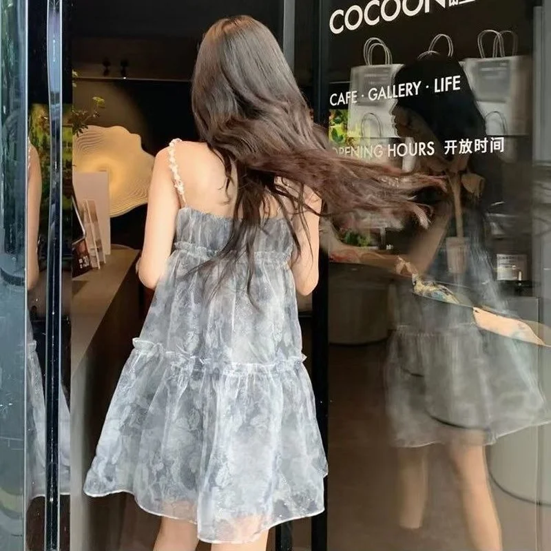 

Women's Camisole Dresses Sleeveless Floral Fluffy Dress Lace Up High Waist Backless Off Shoulder Cute Sweet Summer 2024