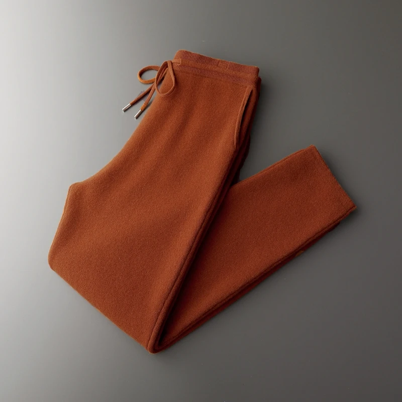 New 100% pure wool men's padded warm casual wide-leg pants knitted cashmere trousers in autumn and winter. 4