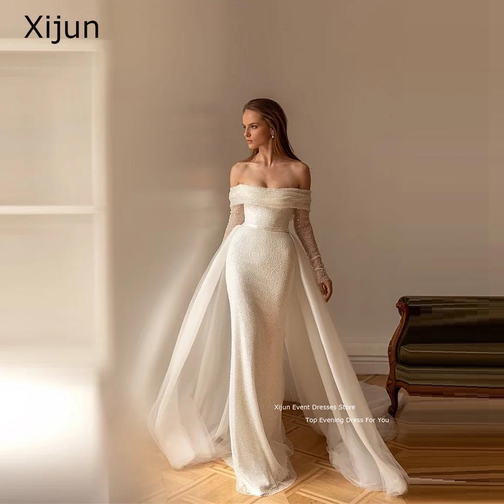 

Xijun Glitter Bridal Gowns Sequined Off The Shoulder Wedding Dresses Full Sleeves Mermaid Wedding Gowns Detachable Train Vestido