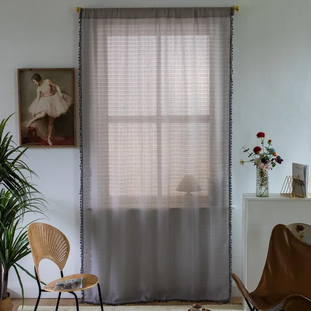 Extremely Simple Cotton And Linen Lattice Curtain With Tassel Window Screen For Bedroom Window Living Room Window Drapes