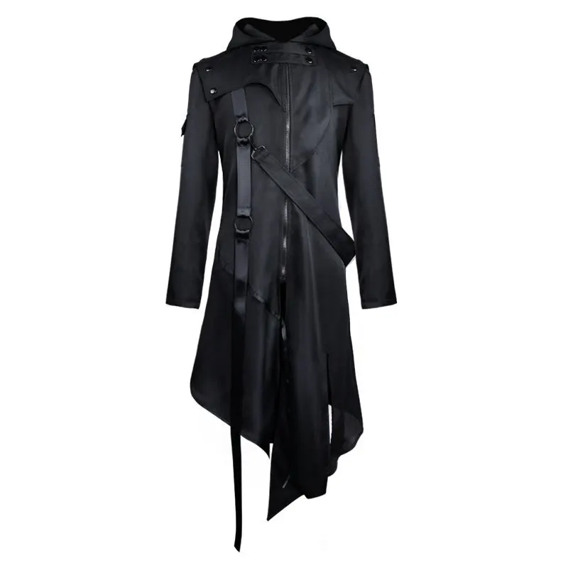 Men Steampunk Gothic Irregular Long Cardigan Trench Coat Halloween Cosplay Medieval Vintage Hooded Cloak Jackets Plus Size 5XL