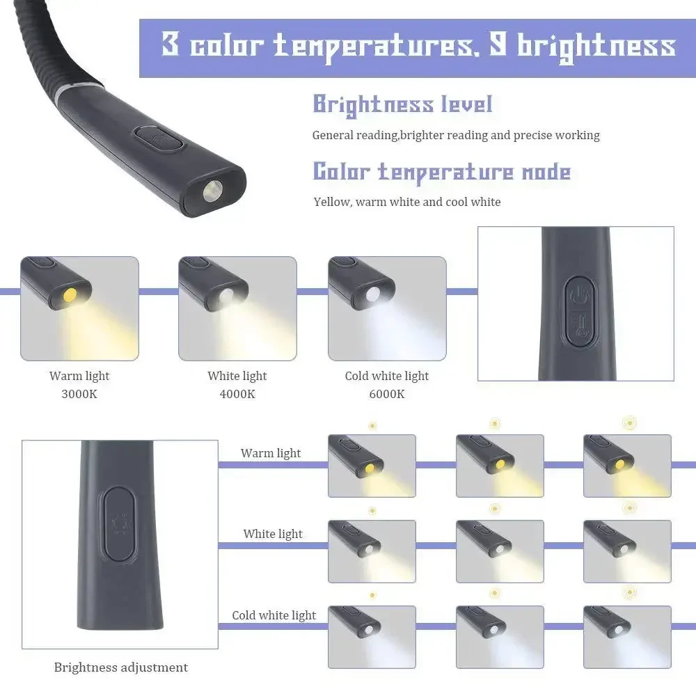 Neck Reading Light book light Novelty Flexible Neck Lights Handsfree Book Light Hanling Read Lamp Portable USB Rechargeable Book Lighting