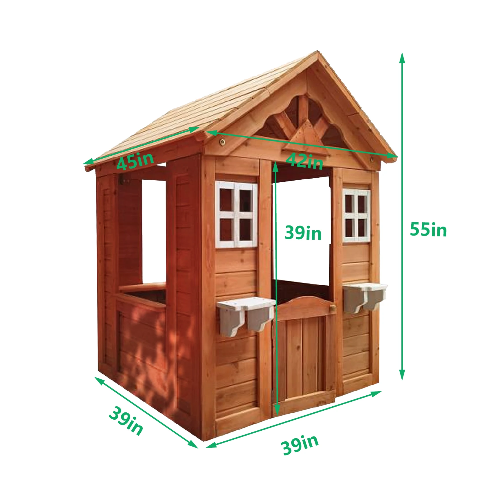 All Wooden Kids Playhouse with 2 windows and flowerpot holder,42"Lx46“Wx55"H,Golden Red 3