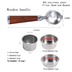 51mm Bottomless Coffee Portafilter with Versatile Cup Basket (With 1 2 4 basket)