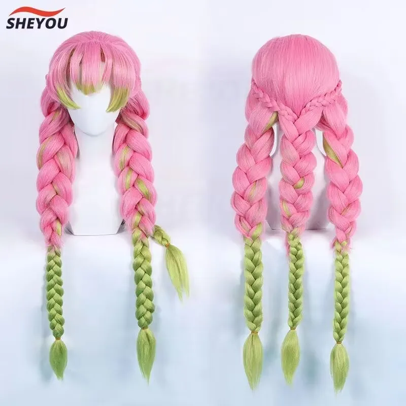 High Quality Kanroji Mitsuri Cosplay Wig Anime Long Green Pink Heat Resistant Synthetic Hair Halloween Wigs + Wig Cap