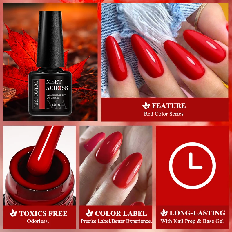 MEET ACROSS 7ml Red Gel Nail Polish Crystal Semi Permanent Soak Off UV Gel Varnish Nail Art Manicure Base Matte Top Coat Vernis 6