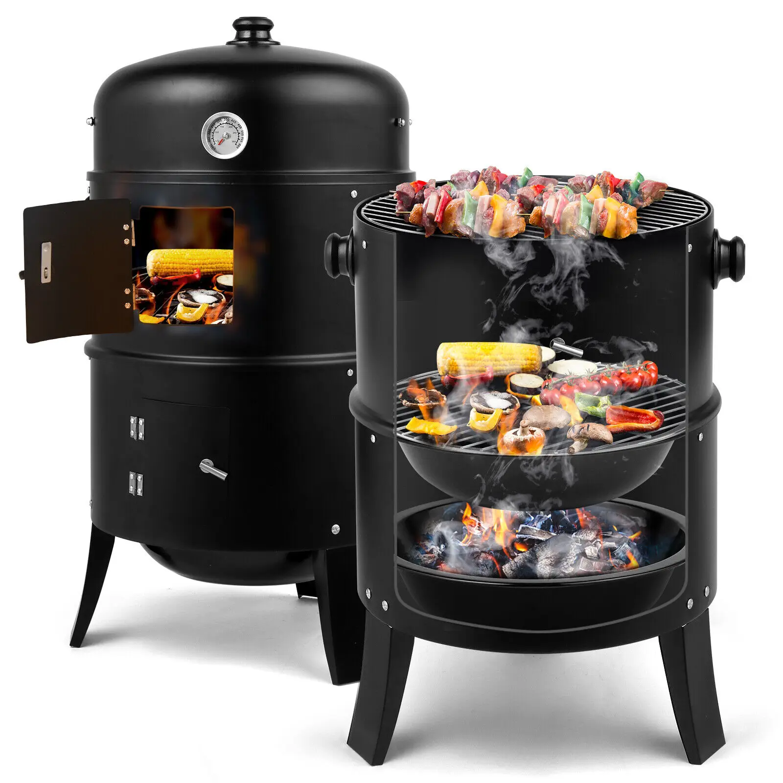 

Charcoal Smoker BBQ Grill 3in1 Outdoor Vertical Smokers Portable Meat Cooker