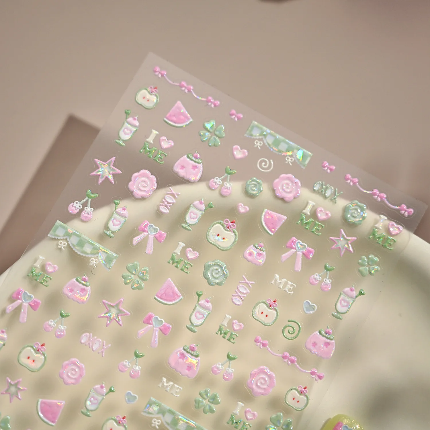 사랑스러운 반짝이는 리본 수박 행운의 풀 사과 체리 푸딩 별 3D 셀프 접착 네일 아트 스티커 디저트 매니큐어 데칼
