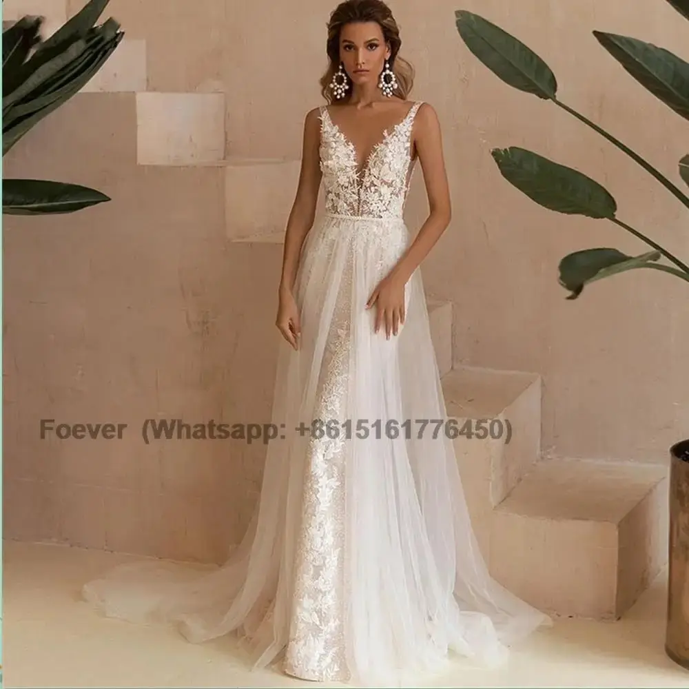 

Elegant Mermaid Wedding Dress 2024 Lace V-neck Bridal Gown Sleeves Backless Luxury Detachable Sweep Train Tulle Robe De Mariée