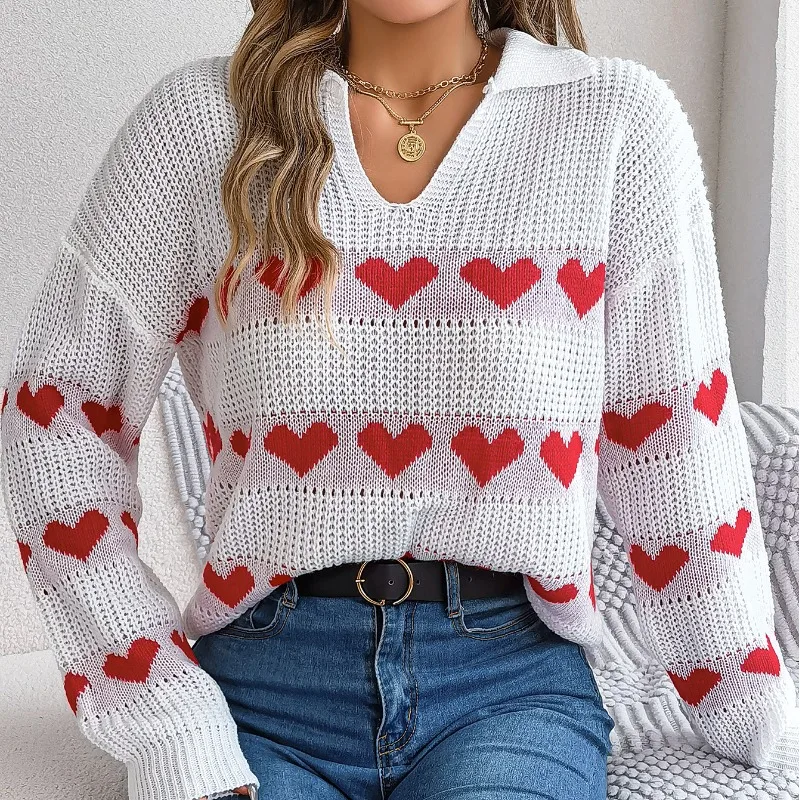 

Autumn and Winter Women's Pullover V-neck Geometric Contrast Screw Thread Long Sleeved Sweater Knitted Underlay Casual Tops