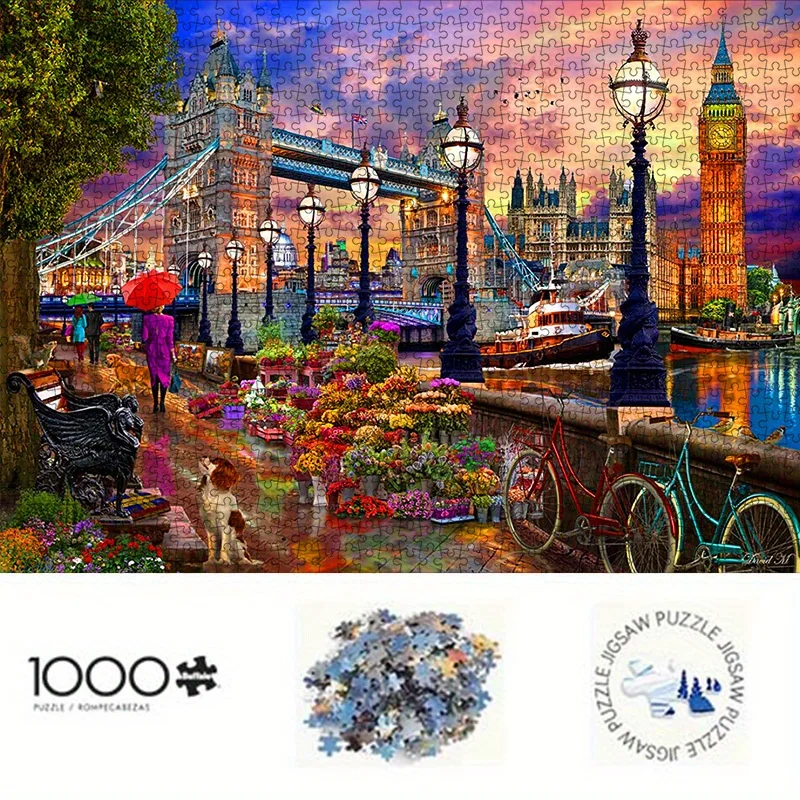 London Landmark Scene Jigsaw Puzzle Adult UK Travel Theme Intellectual Game Home Leisure Decorative Puzzle Toy with Flowers & Ri