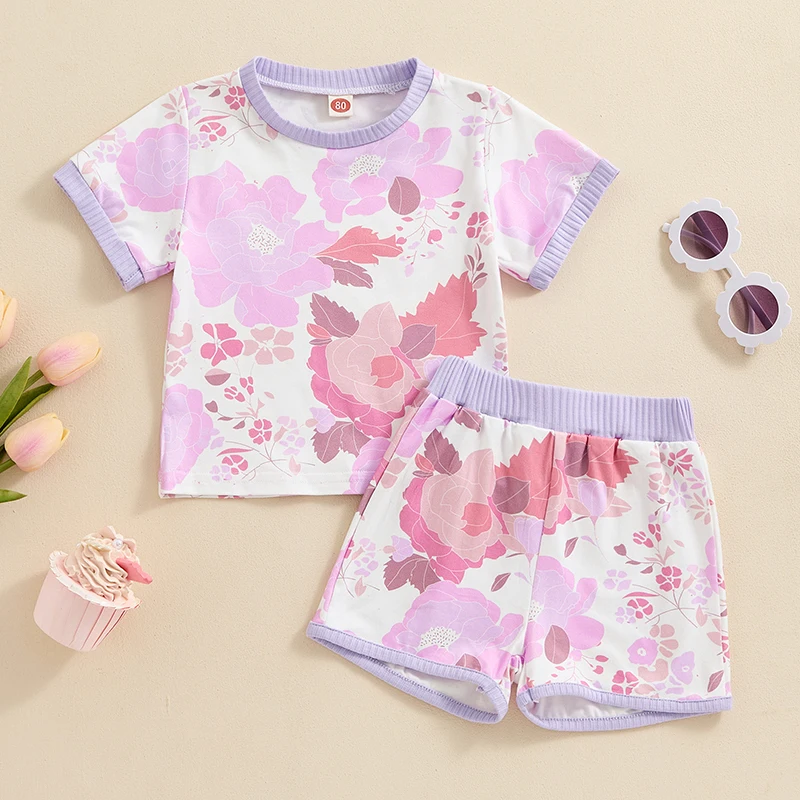 

2024-04-02 Lioraitiin 6M-5Y Kid Baby Girls Summer Shorts Sets Short Sleeve Crewneck Floral Print Tops Shorts Sets