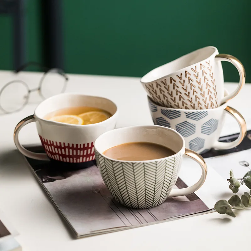 

380ML Ceramic Mug Retro Flower Coffee Mugs Microwave Safe Ceramic Milk Juice Handgrip Office Water Cup Kitchen Drinking Tool